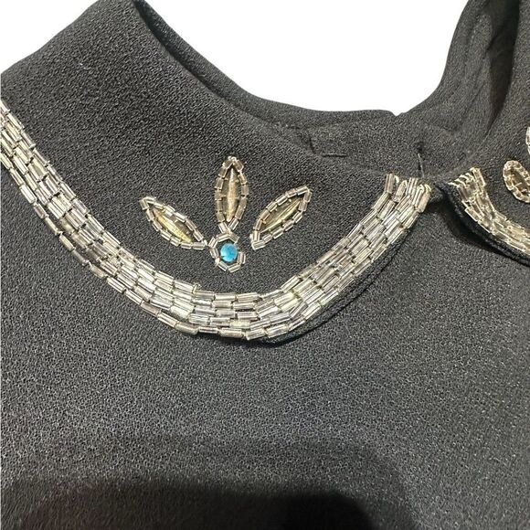 Babs Junior 1940s True Vintage Black Crepe Peplum Dress with Beaded Trimming - Picture 5 of 16